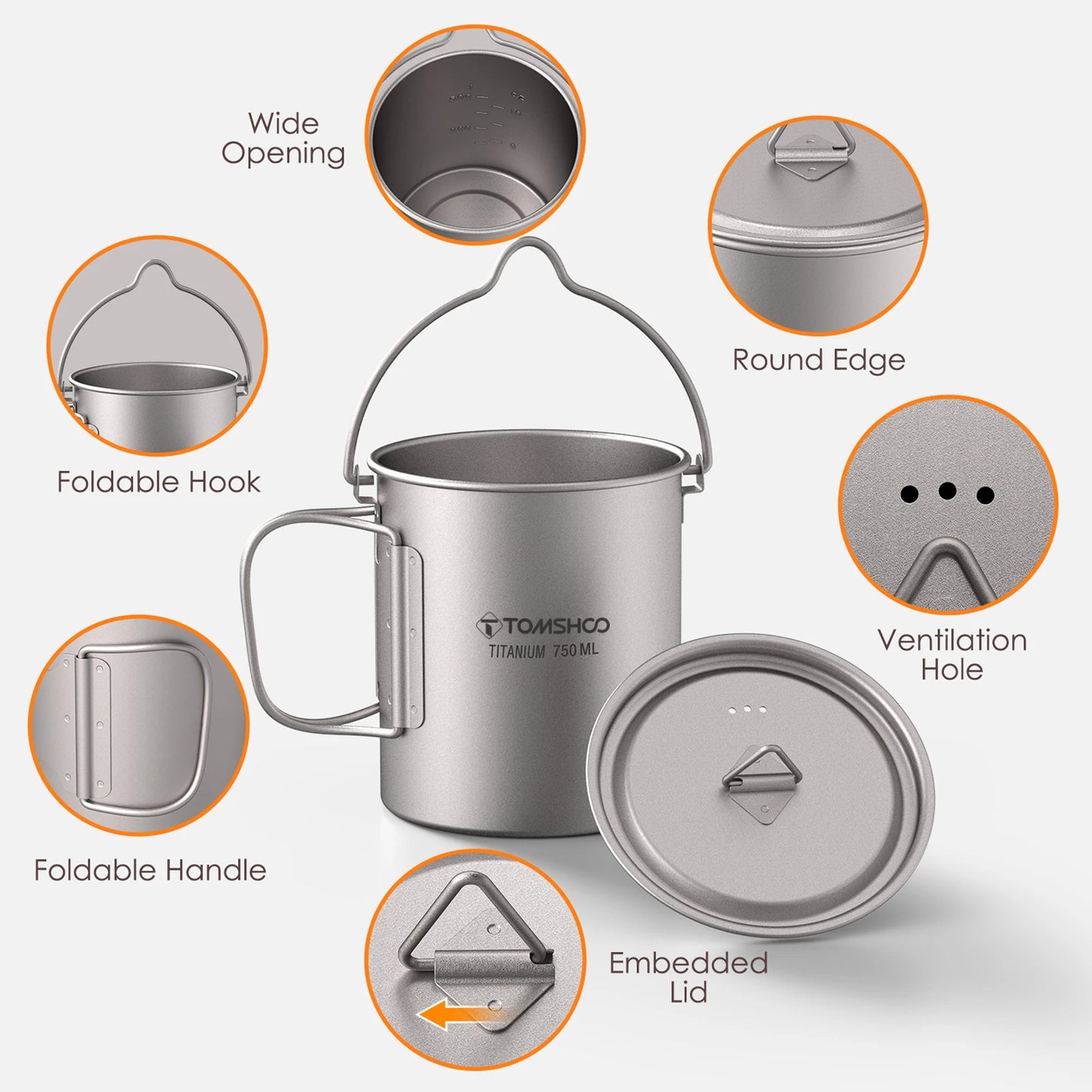 Tomshoo Ultralight Titanium Compact Cookware Set – 750ml Pot, 450ml Mug, Folding Spork for Camping & Backpacking