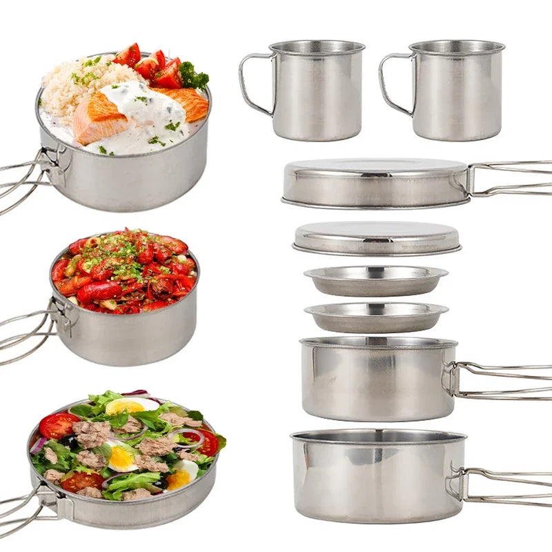 8-Piece Stainless Steel Camping Cookware Set for Hiking & Backpacking