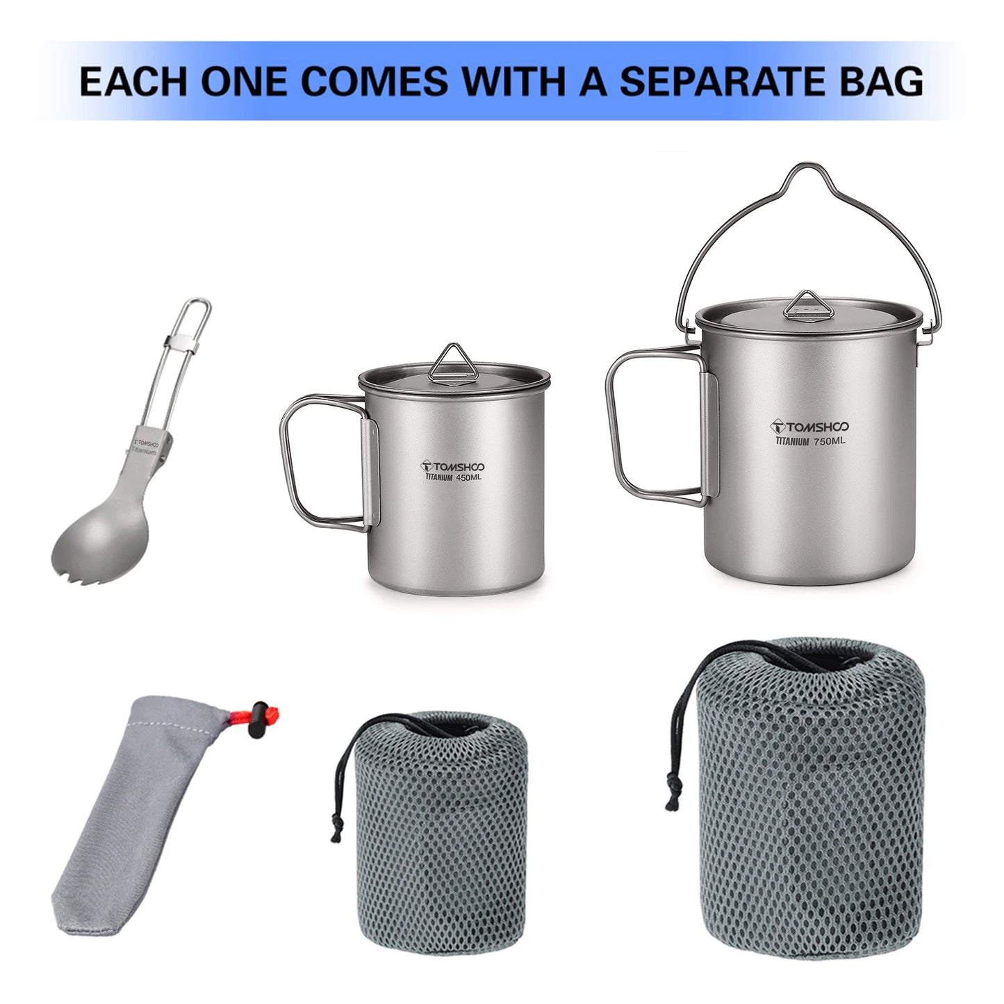 Tomshoo Ultralight Titanium Compact Cookware Set – 750ml Pot, 450ml Mug, Folding Spork for Camping & Backpacking