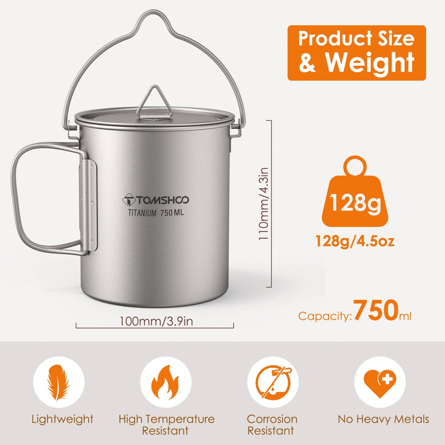 Tomshoo Ultralight Titanium Compact Cookware Set – 750ml Pot, 450ml Mug, Folding Spork for Camping & Backpacking