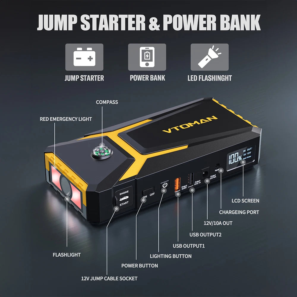 β‘ VTOMAN 12V JUMP STARTER POWER BANK ππ 15000mAh Booster & Charger β For 8.5L Gas / 6.5L Diesel Engines, Portable Emergency Power!