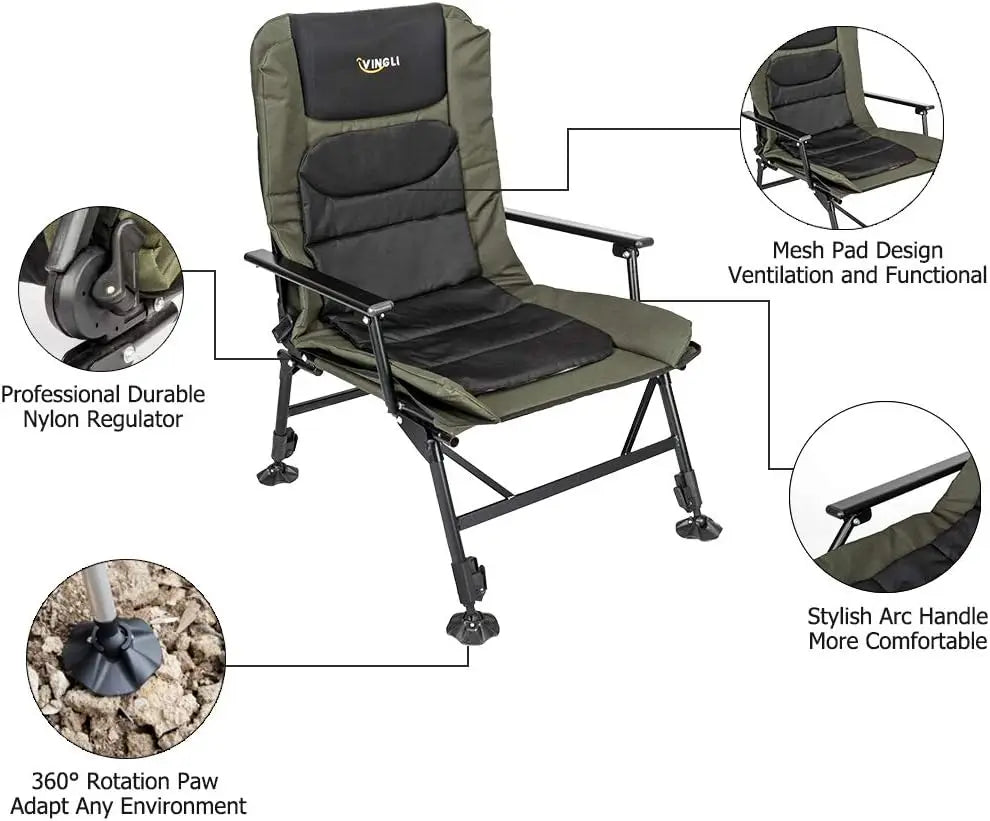 Heavy Duty Fishing Chair with Footrest, 440 LBS Support, Adjustable High Back Camping Chair
