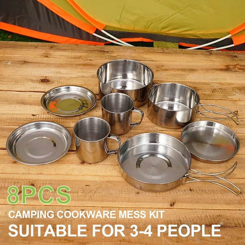 8-Piece Stainless Steel Camping Cookware Set for Hiking & Backpacking