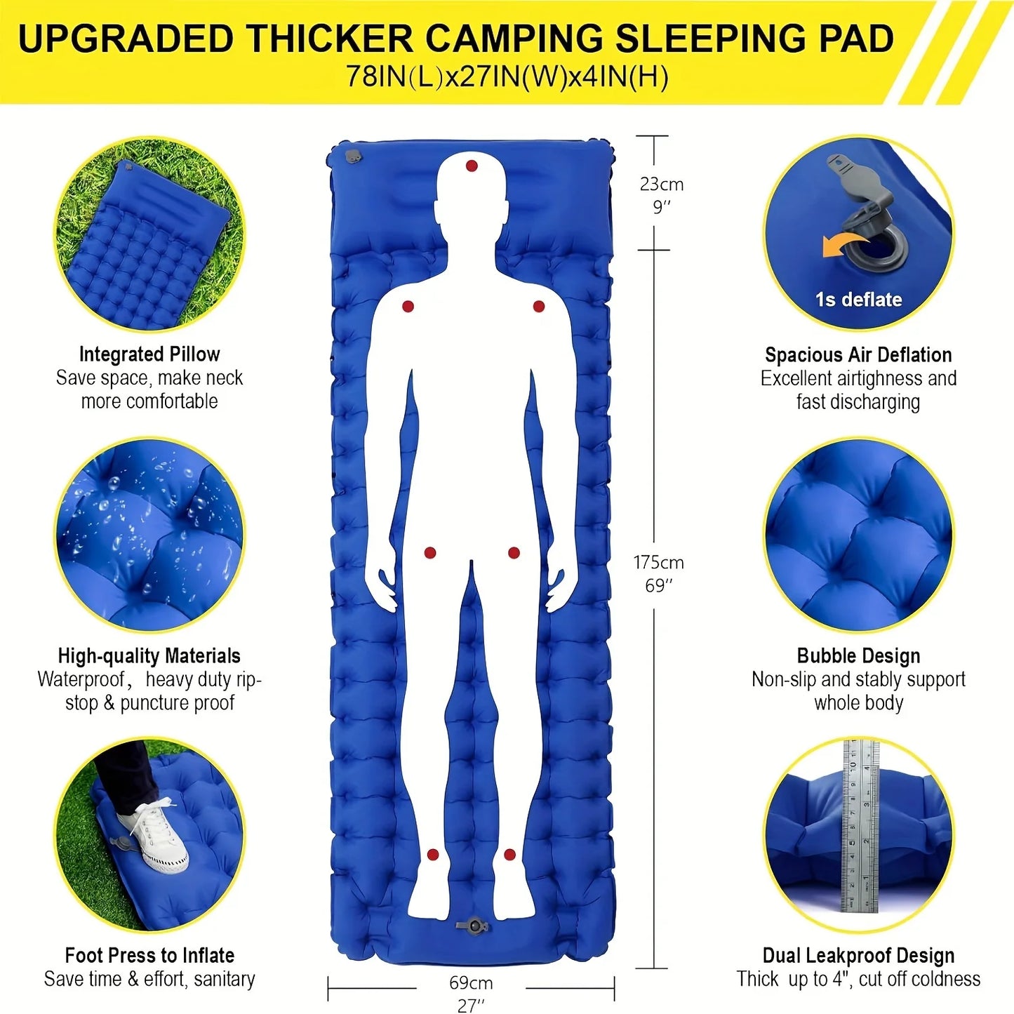 🛏️ 4" Thick Inflatable Camping Mat 💨 Built-In Pillow & Pump – Sleep Comfy Anywhere!