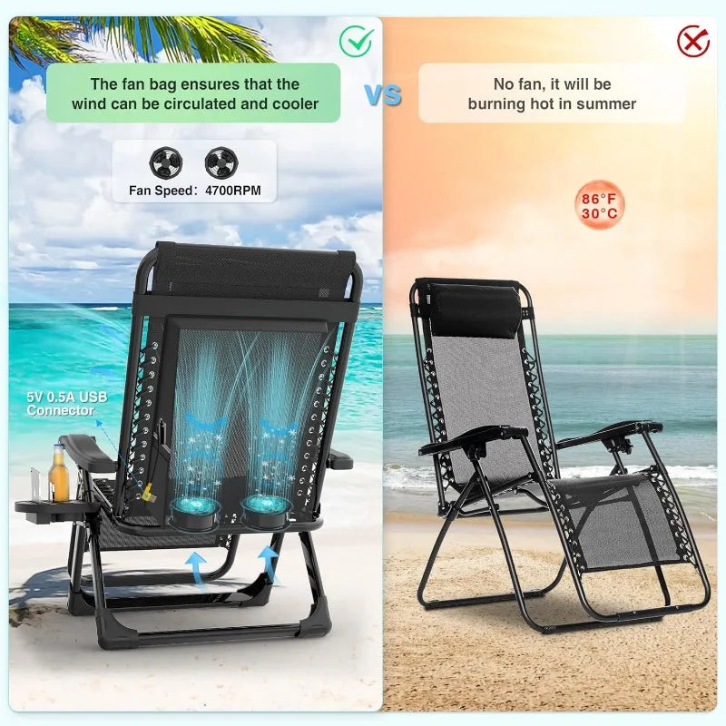 "Zero Gravity Chair with Fan & Cup Holder - Reclining Camping Lounge Chair with Upgraded Lock for Indoor & Outdoor Use"