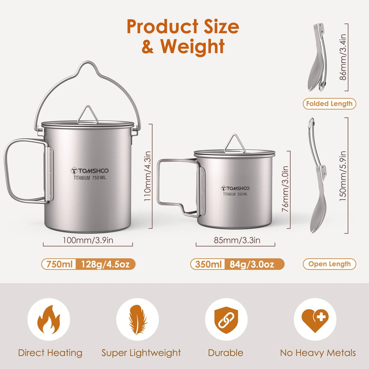 Tomshoo Ultralight Titanium Compact Cookware Set – 750ml Pot, 450ml Mug, Folding Spork for Camping & Backpacking
