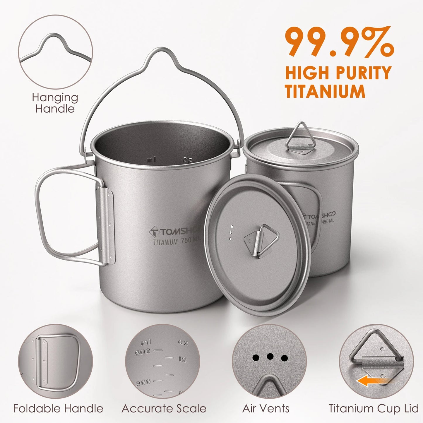 Tomshoo Ultralight Titanium Compact Cookware Set – 750ml Pot, 450ml Mug, Folding Spork for Camping & Backpacking