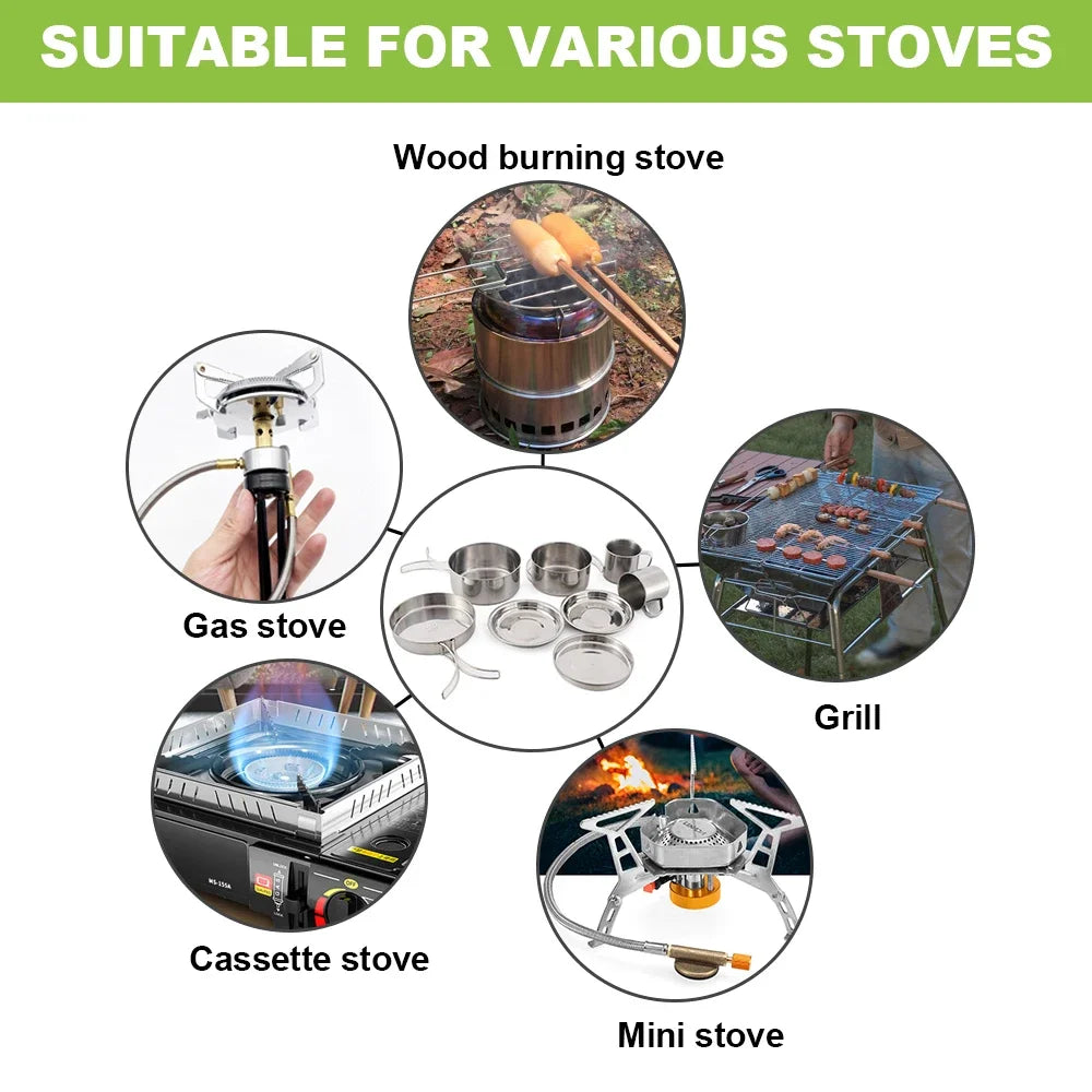 8-Piece Stainless Steel Camping Cookware Set for Hiking & Backpacking