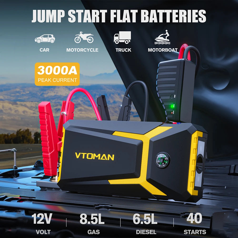 β‘ VTOMAN 12V JUMP STARTER POWER BANK ππ 15000mAh Booster & Charger β For 8.5L Gas / 6.5L Diesel Engines, Portable Emergency Power!