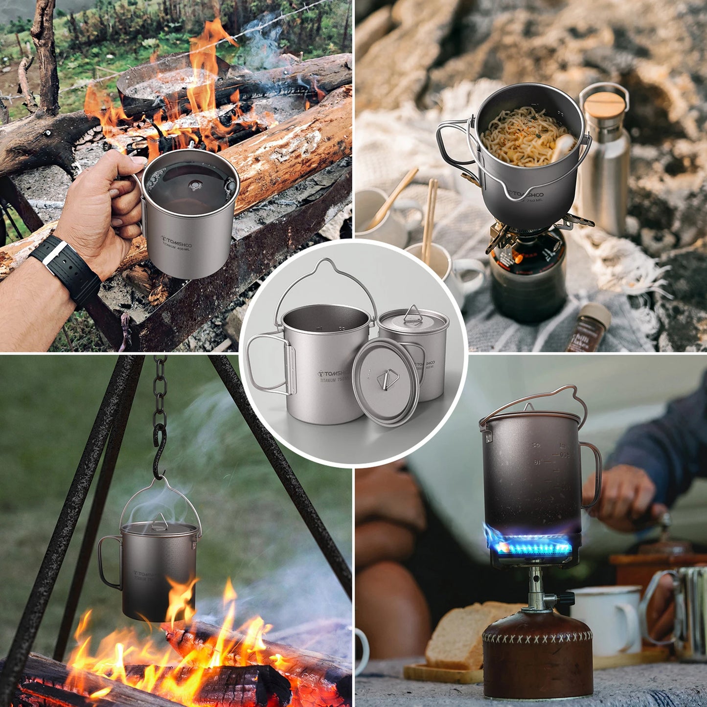 Tomshoo Ultralight Titanium Compact Cookware Set – 750ml Pot, 450ml Mug, Folding Spork for Camping & Backpacking