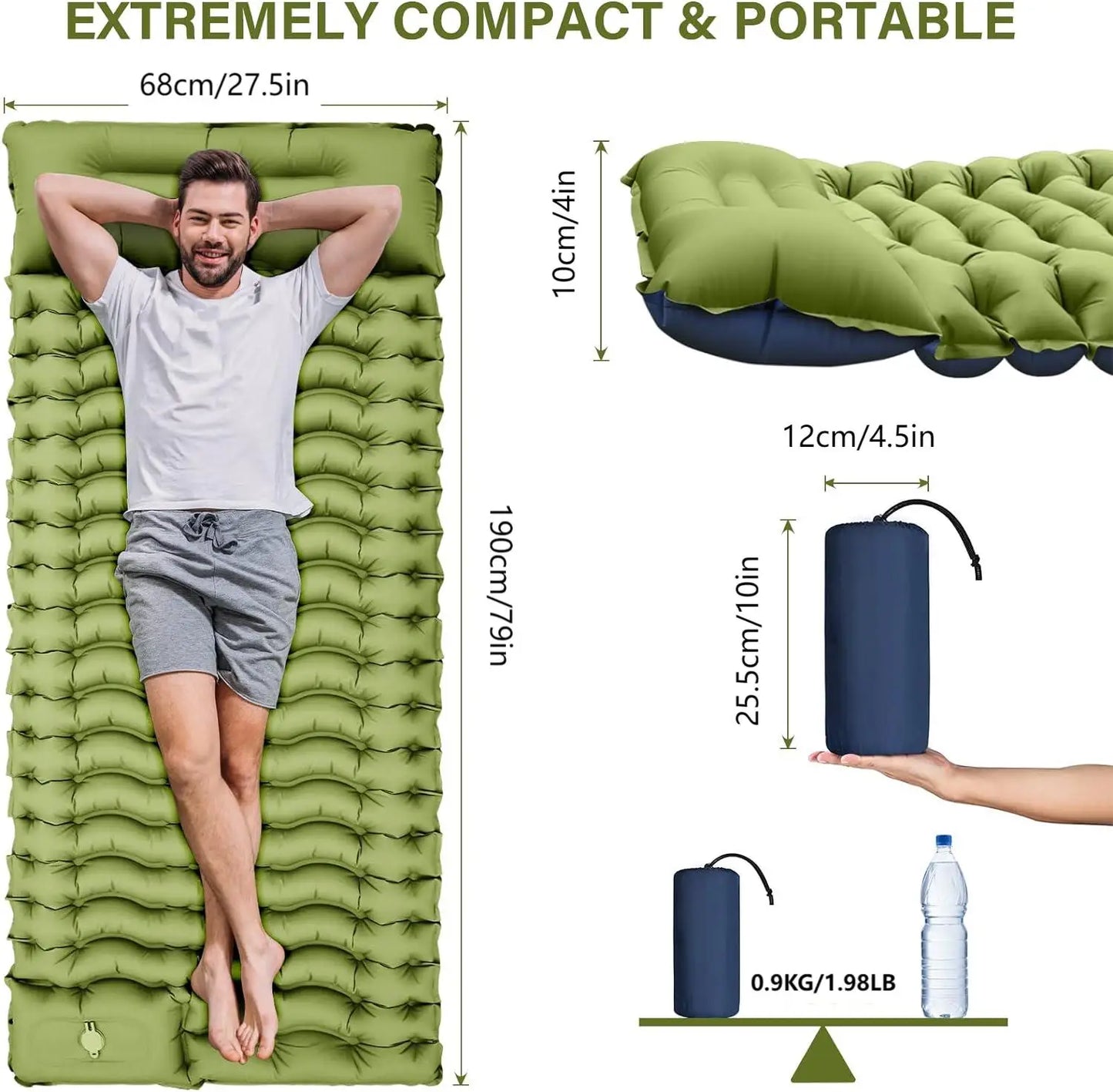 🛏️ 4" Thick Inflatable Camping Mat 💨 Built-In Pillow & Pump – Sleep Comfy Anywhere!