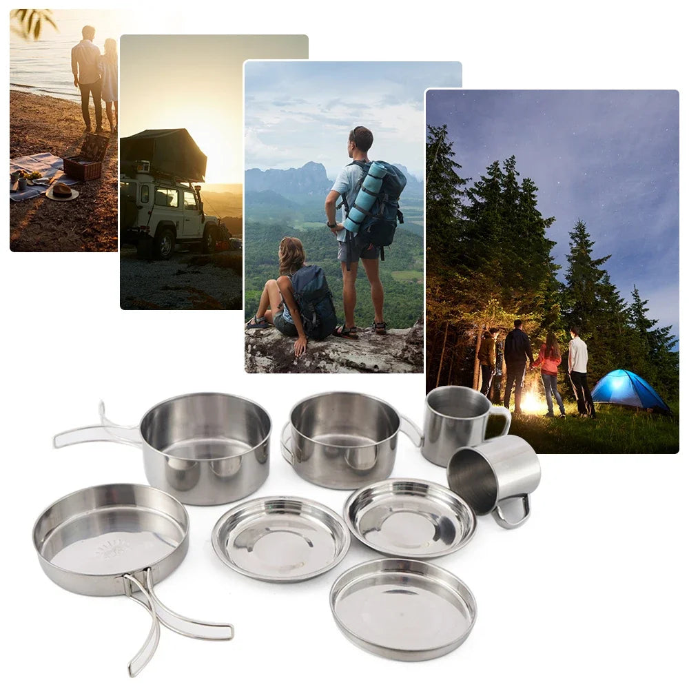 8-Piece Stainless Steel Camping Cookware Set for Hiking & Backpacking
