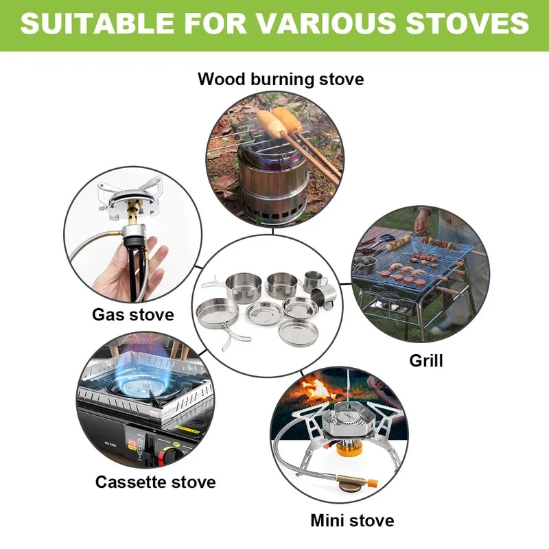 8-Piece Stainless Steel Camping Cookware Set for Hiking & Backpacking