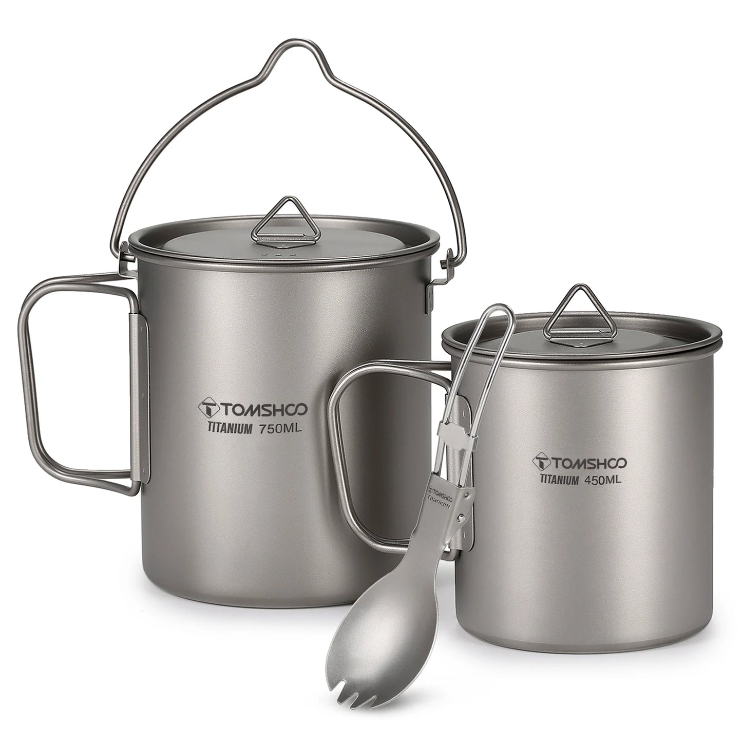 Tomshoo Ultralight Titanium Compact Cookware Set – 750ml Pot, 450ml Mug, Folding Spork for Camping & Backpacking