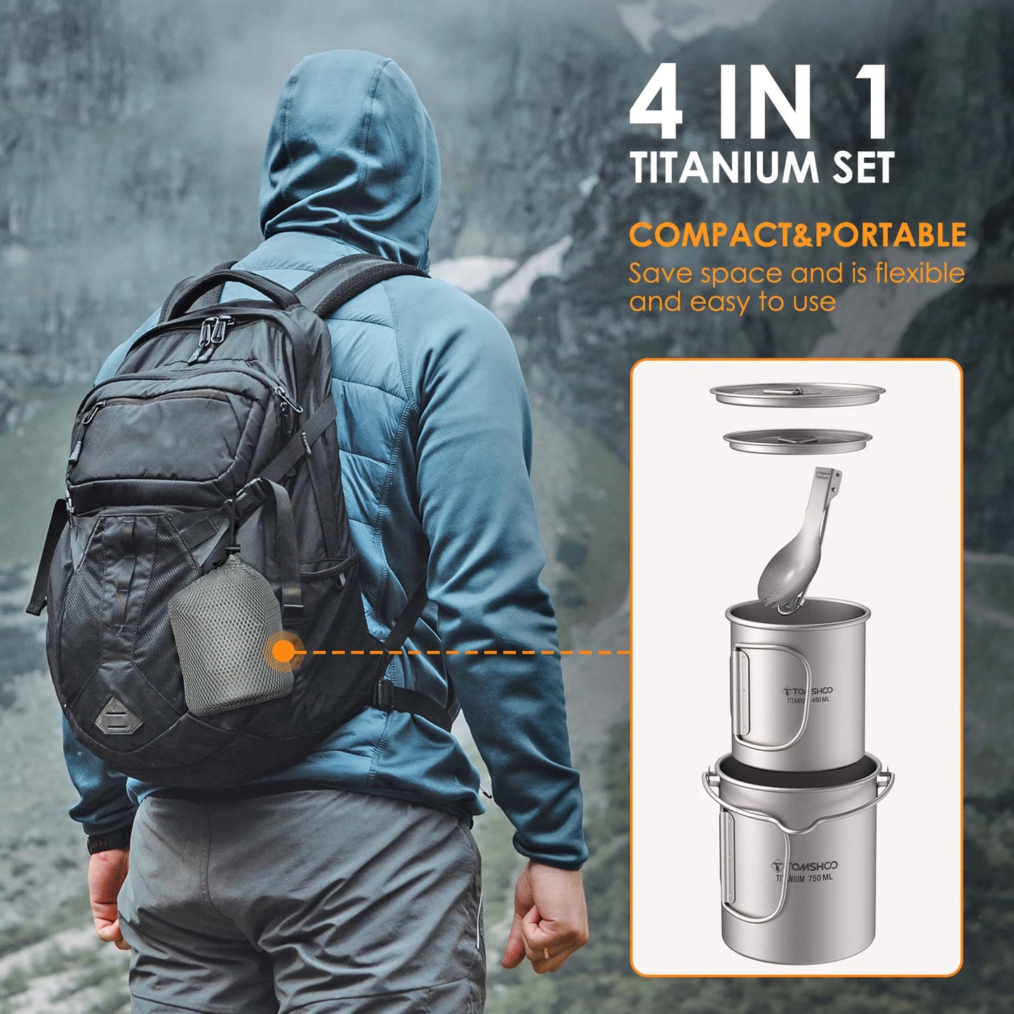 Tomshoo Ultralight Titanium Compact Cookware Set – 750ml Pot, 450ml Mug, Folding Spork for Camping & Backpacking
