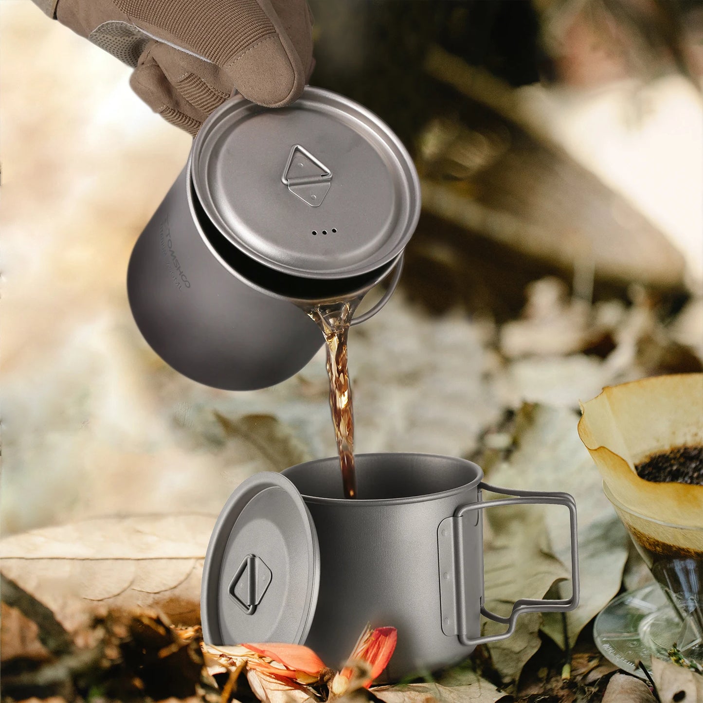 Tomshoo Ultralight Titanium Compact Cookware Set – 750ml Pot, 450ml Mug, Folding Spork for Camping & Backpacking