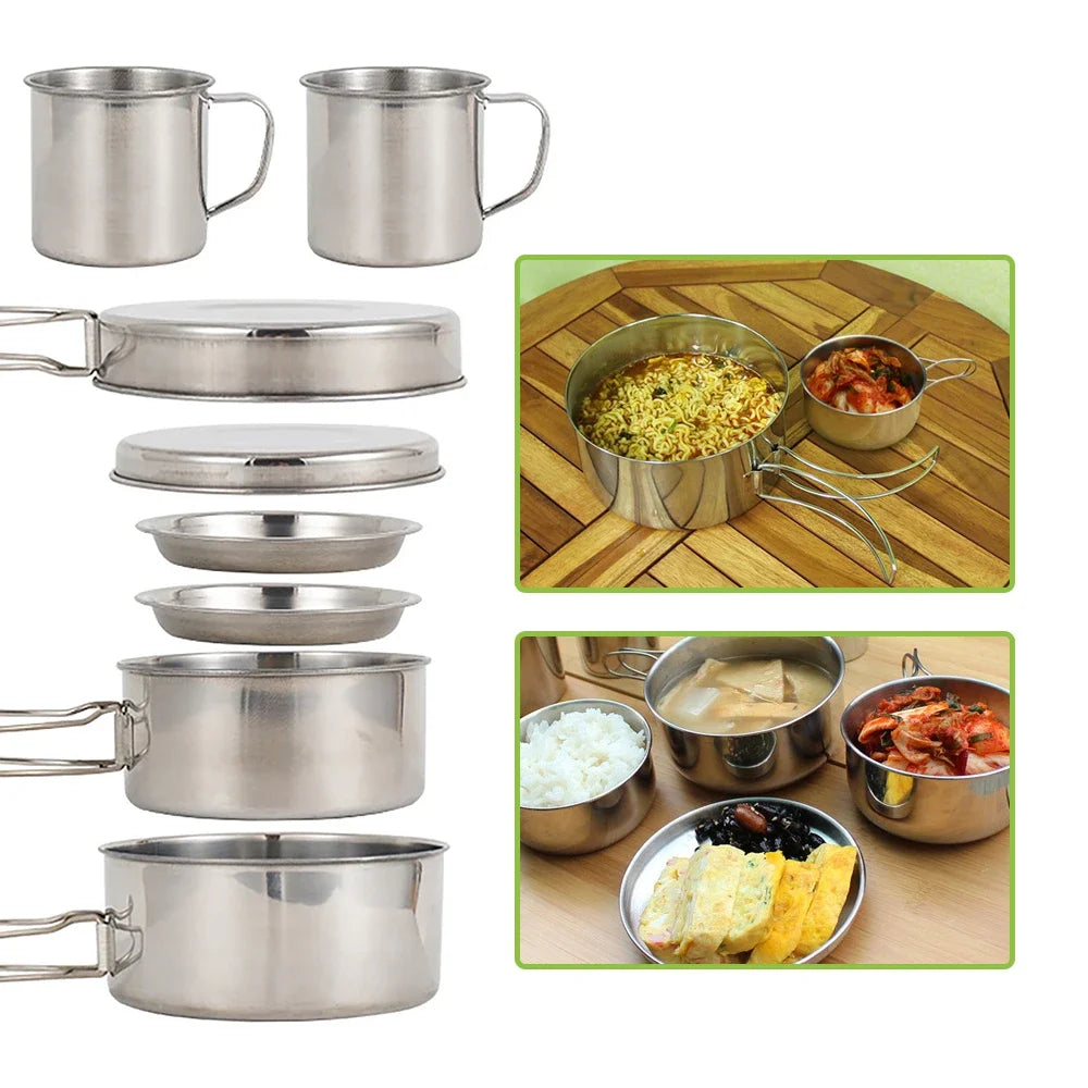 8-Piece Stainless Steel Camping Cookware Set for Hiking & Backpacking