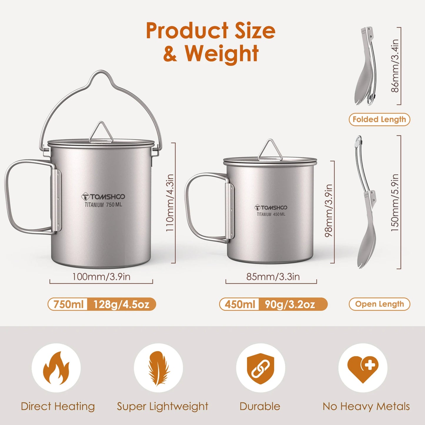 Tomshoo Ultralight Titanium Compact Cookware Set – 750ml Pot, 450ml Mug, Folding Spork for Camping & Backpacking