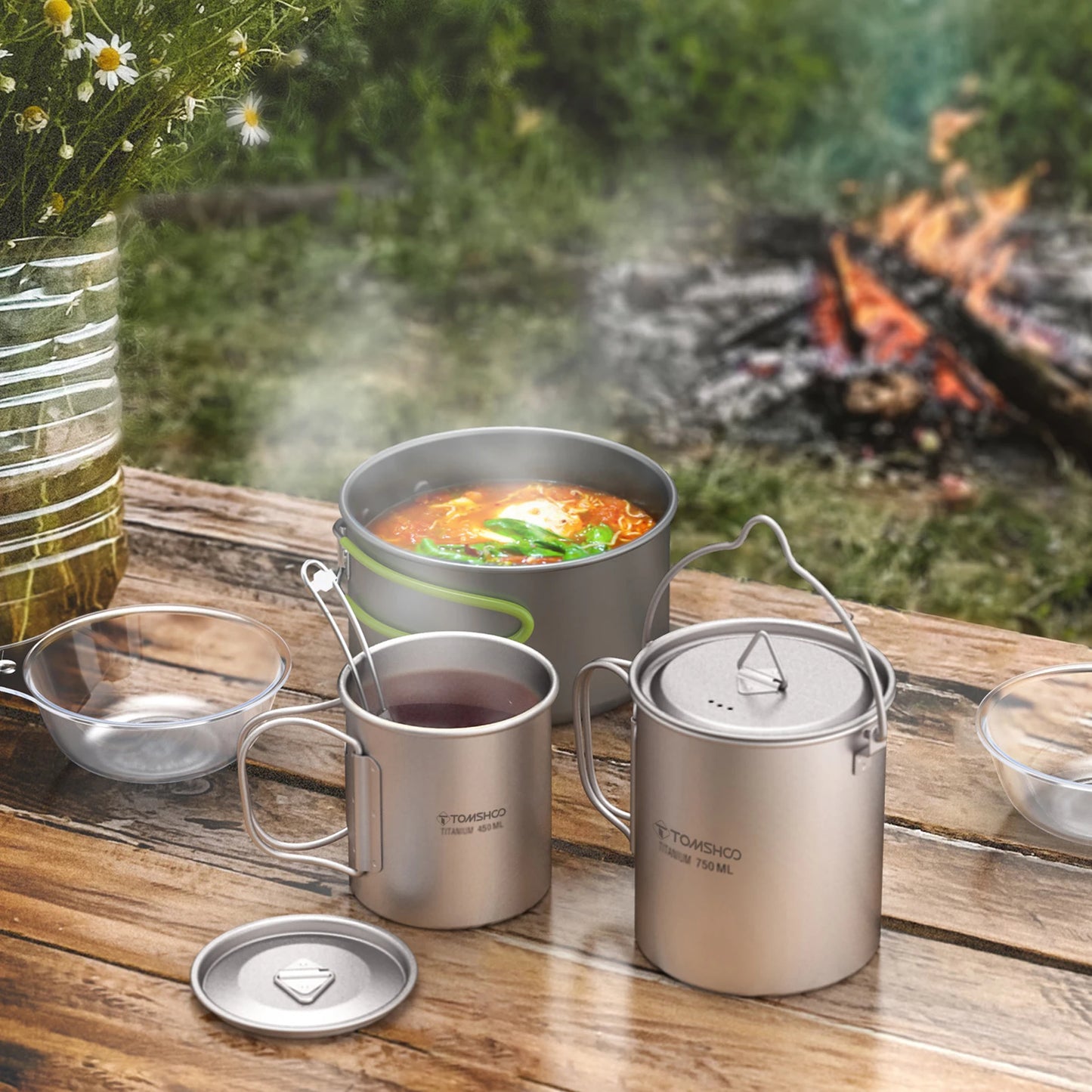 Tomshoo Ultralight Titanium Compact Cookware Set – 750ml Pot, 450ml Mug, Folding Spork for Camping & Backpacking