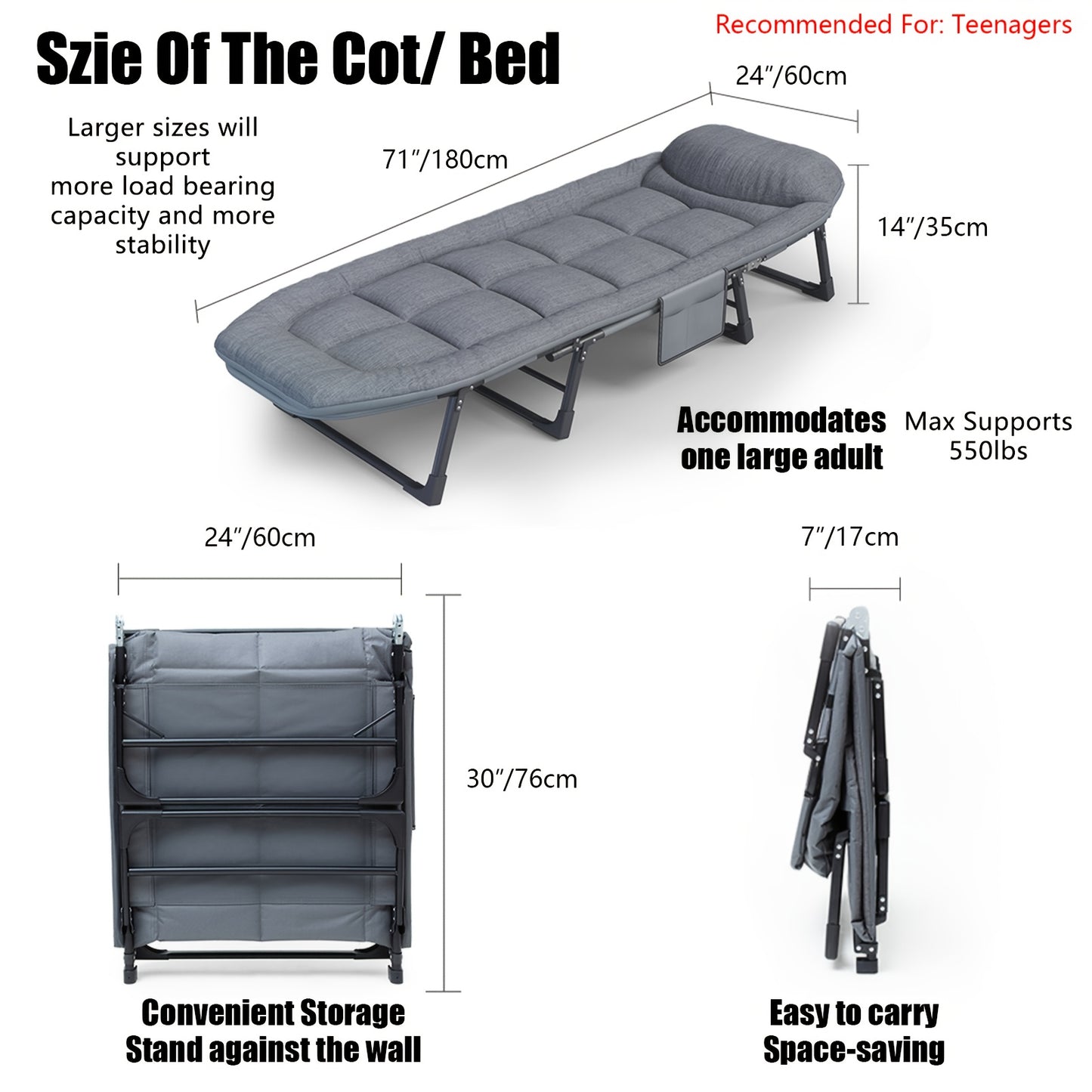 Adjustable Foldable Camping Cot with Blanket, 550lbs Capacity for Travel, Office, Or Home