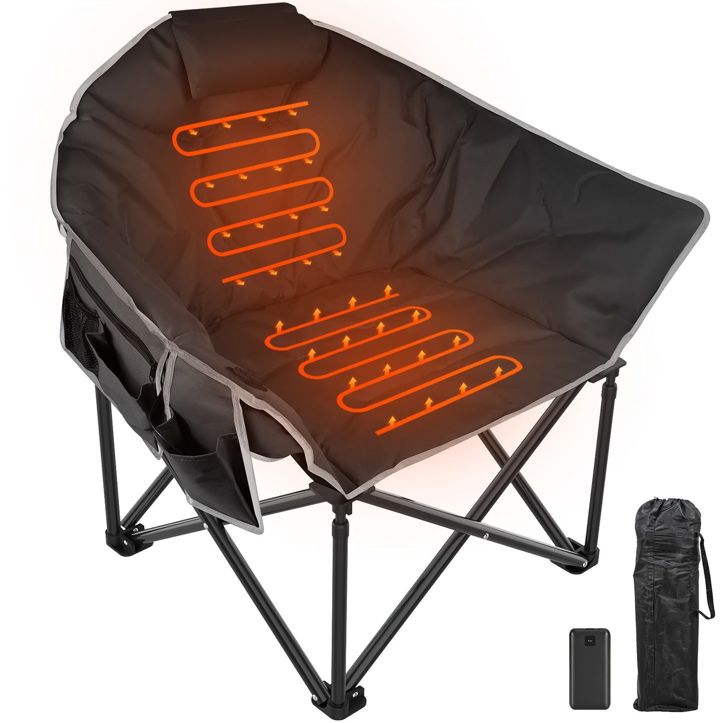 Oversized Heated Camping Chair with 20,000mAh Power Bank –  3-Heat Levels, Folding Outdoor Chair with Pillow & Storage Bag