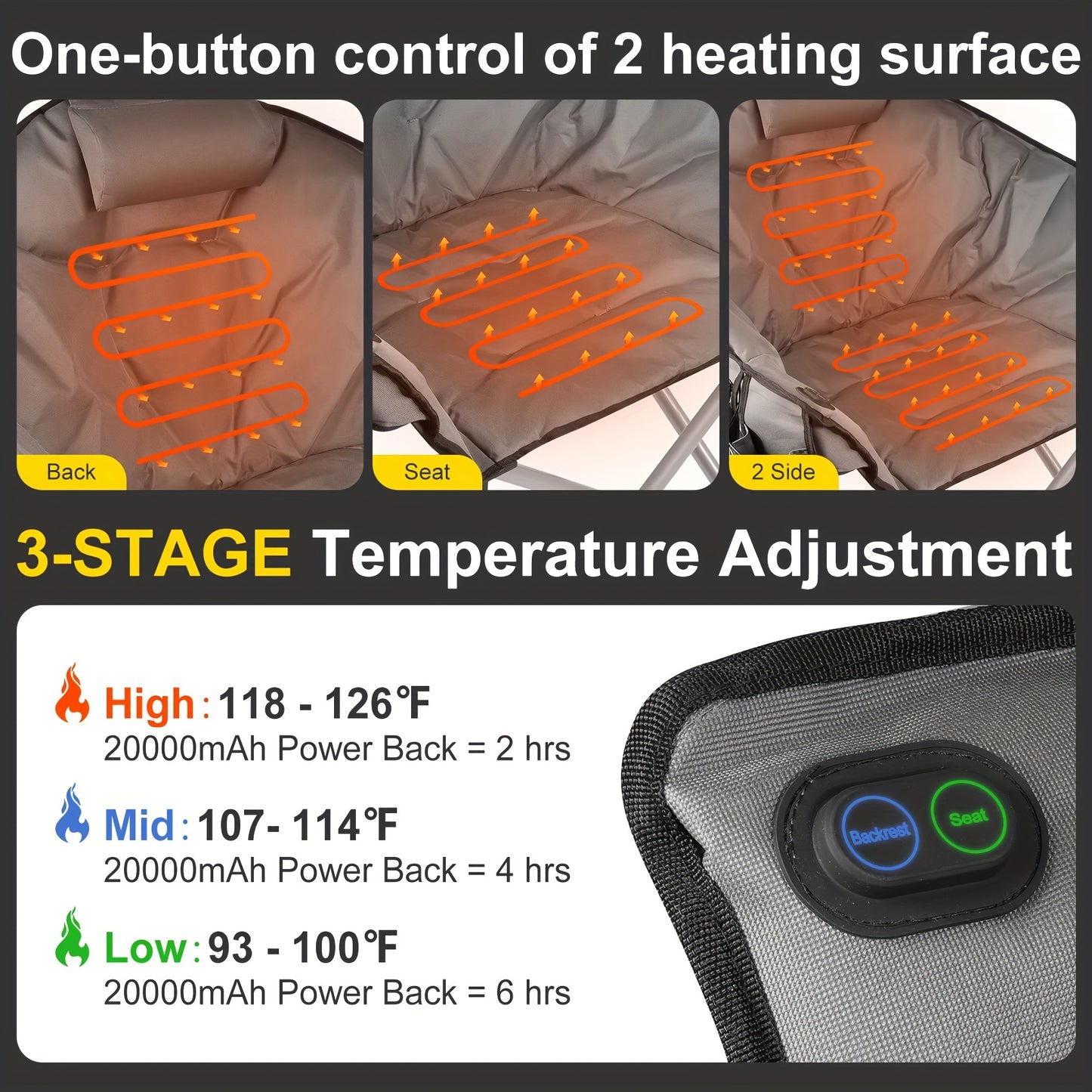 Oversized Heated Camping Chair with 20,000mAh Power Bank –  3-Heat Levels, Folding Outdoor Chair with Pillow & Storage Bag