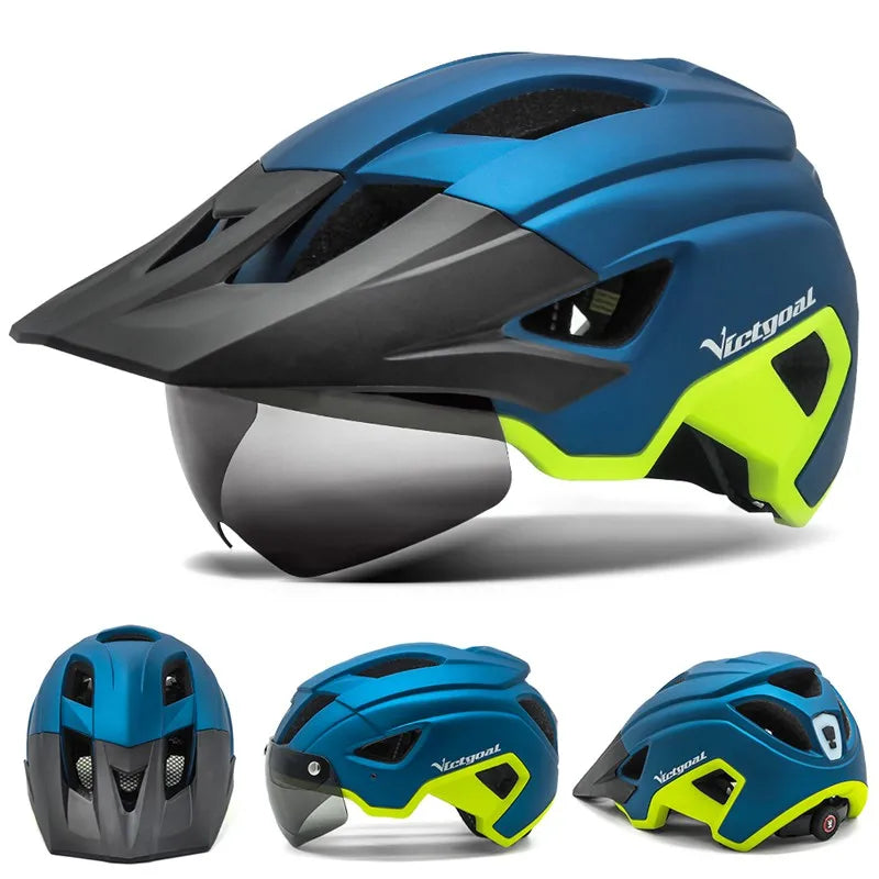 VICTGOAL LED Bike Helmet with Sun Visor and Rechargeable Lights – Road & MTB Cycling Helmet with Shield