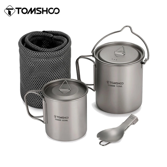 Tomshoo Ultralight Titanium Compact Cookware Set – 750ml Pot, 450ml Mug, Folding Spork for Camping & Backpacking