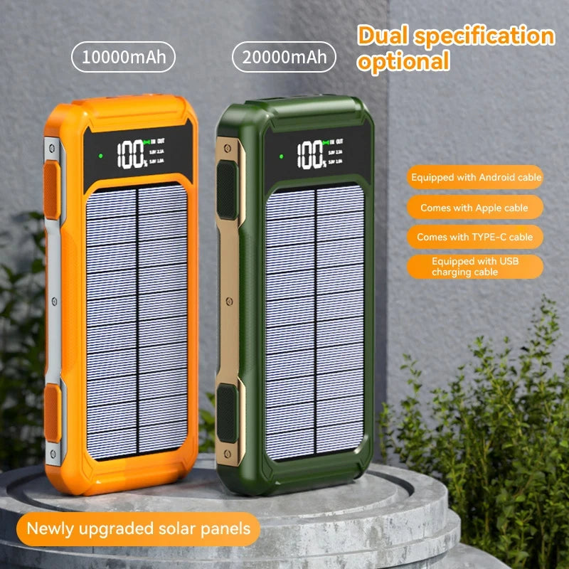 50000mAh Solar Power Bank – 4-in-1 Built-in Cables, Fast Charge, LED Light for iPhone, Samsung, Xiaom
