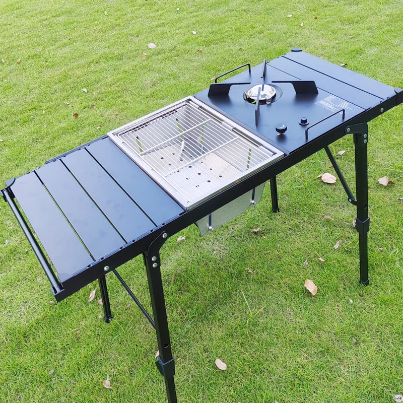 "LOHASCAMPING Multifunctional Lightweight IGT Folding Table with Adjustable Legs & Integrated Brazier for BBQ and Outdoor Adventures"