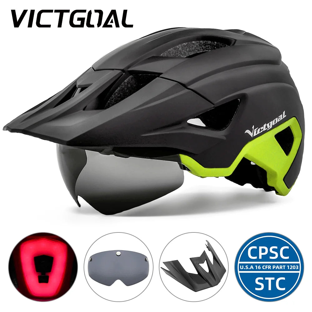 VICTGOAL LED Bike Helmet with Sun Visor and Rechargeable Lights – Road & MTB Cycling Helmet with Shield