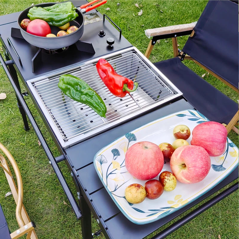 "LOHASCAMPING Multifunctional Lightweight IGT Folding Table with Adjustable Legs & Integrated Brazier for BBQ and Outdoor Adventures"