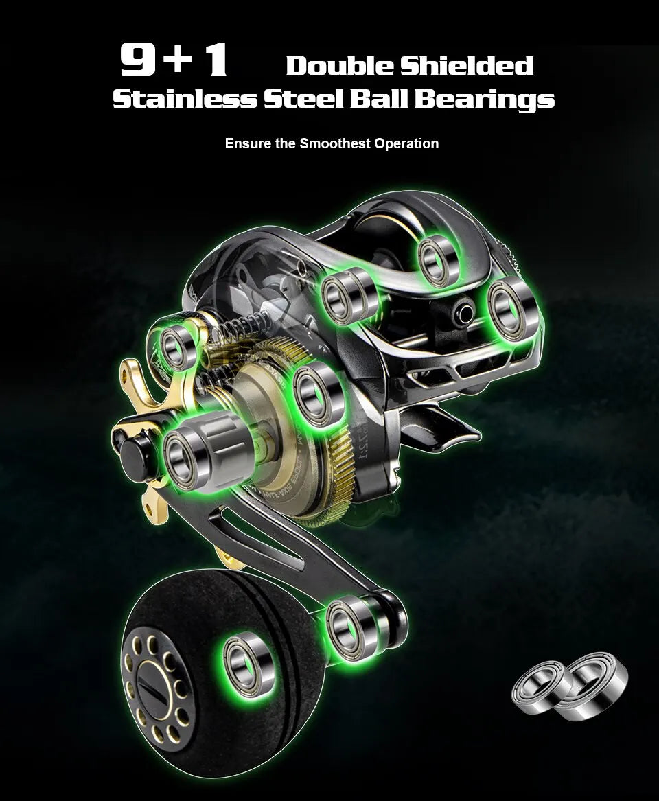 Soloking GKA300 Baitcasting Reel – 9.5KG Drag, 10 Bearings, 6.4:1 Gear Ratio, Drag Clicker, Single Power Handle