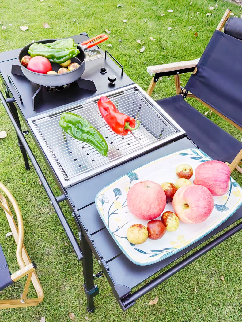 "LOHASCAMPING Multifunctional Lightweight IGT Folding Table with Adjustable Legs & Integrated Brazier for BBQ and Outdoor Adventures"