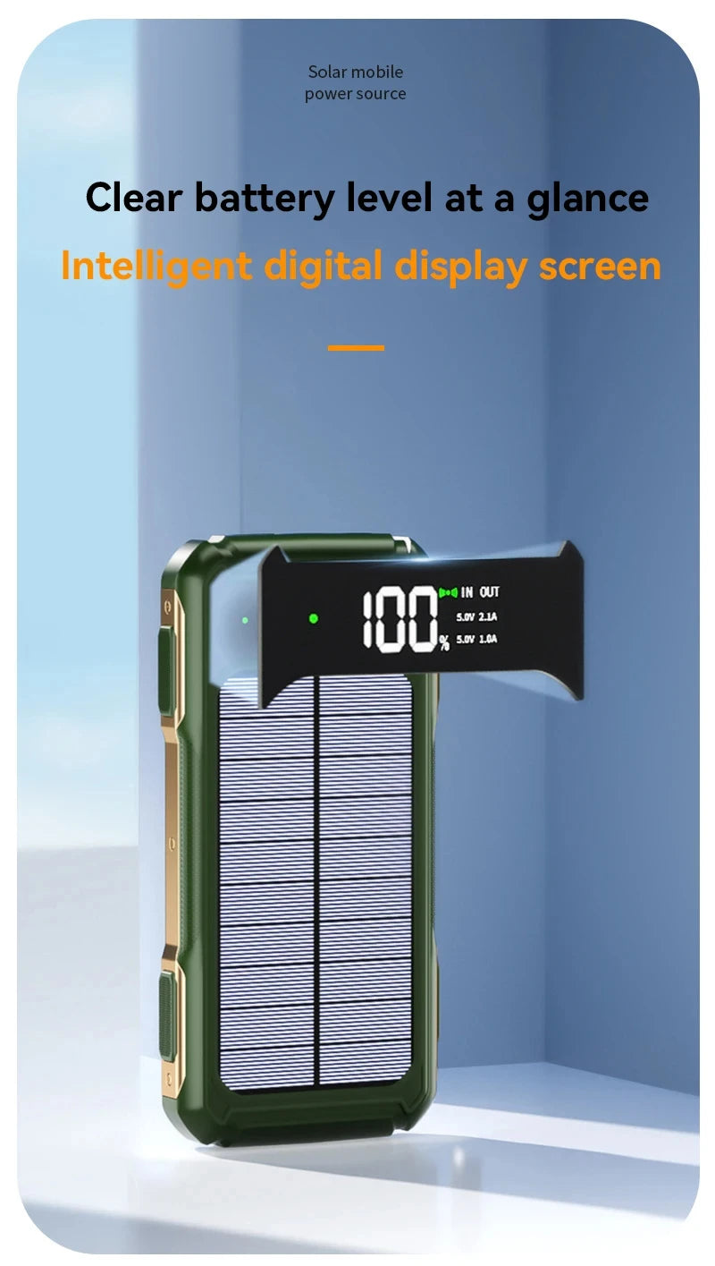 50000mAh Solar Power Bank – 4-in-1 Built-in Cables, Fast Charge, LED Light for iPhone, Samsung, Xiaom