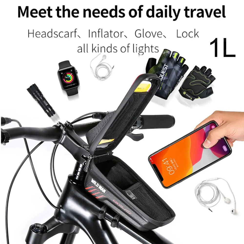 "WILD MAN 2L Waterproof Bike Frame Bag with 7.4'' Phone Holder"