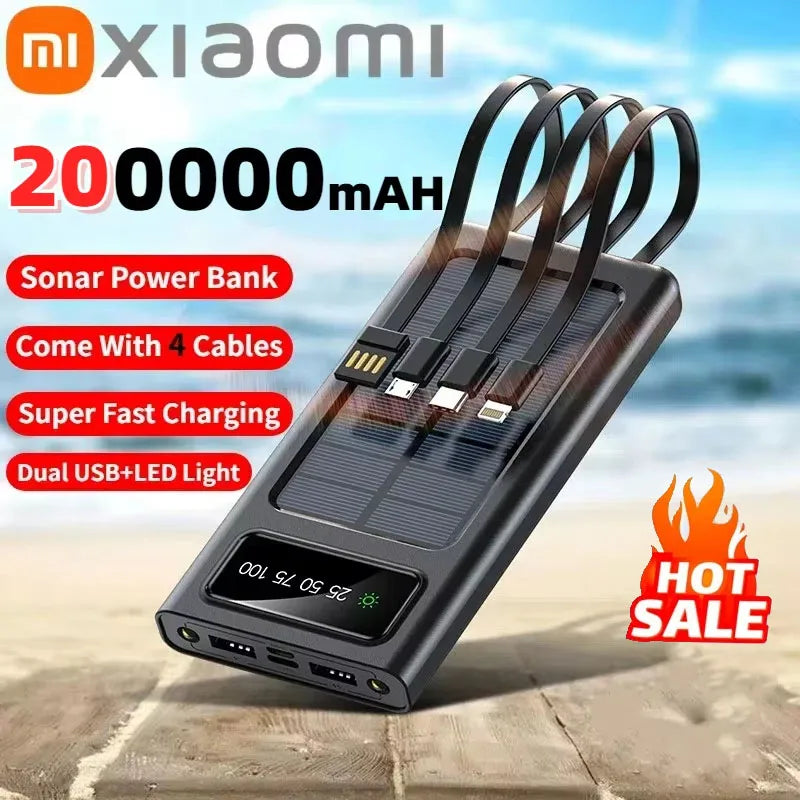 "Stay Charged This Holiday Season with the Xiaomi 200000mAh Solar Power Bank – Fast Charging, Dual USB, and 4 Cables for All Your Devices!"