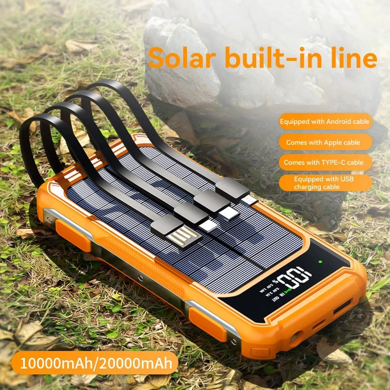50000mAh Solar Power Bank – 4-in-1 Built-in Cables, Fast Charge, LED Light for iPhone, Samsung, Xiaom