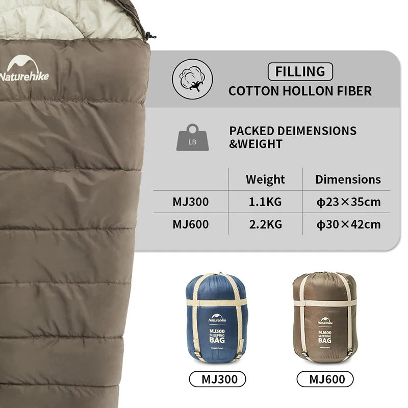 Naturehike MJ300/MJ600 Mummy Sleeping Bag - Lightweight, Winter-Ready, for Camping & Outdoors