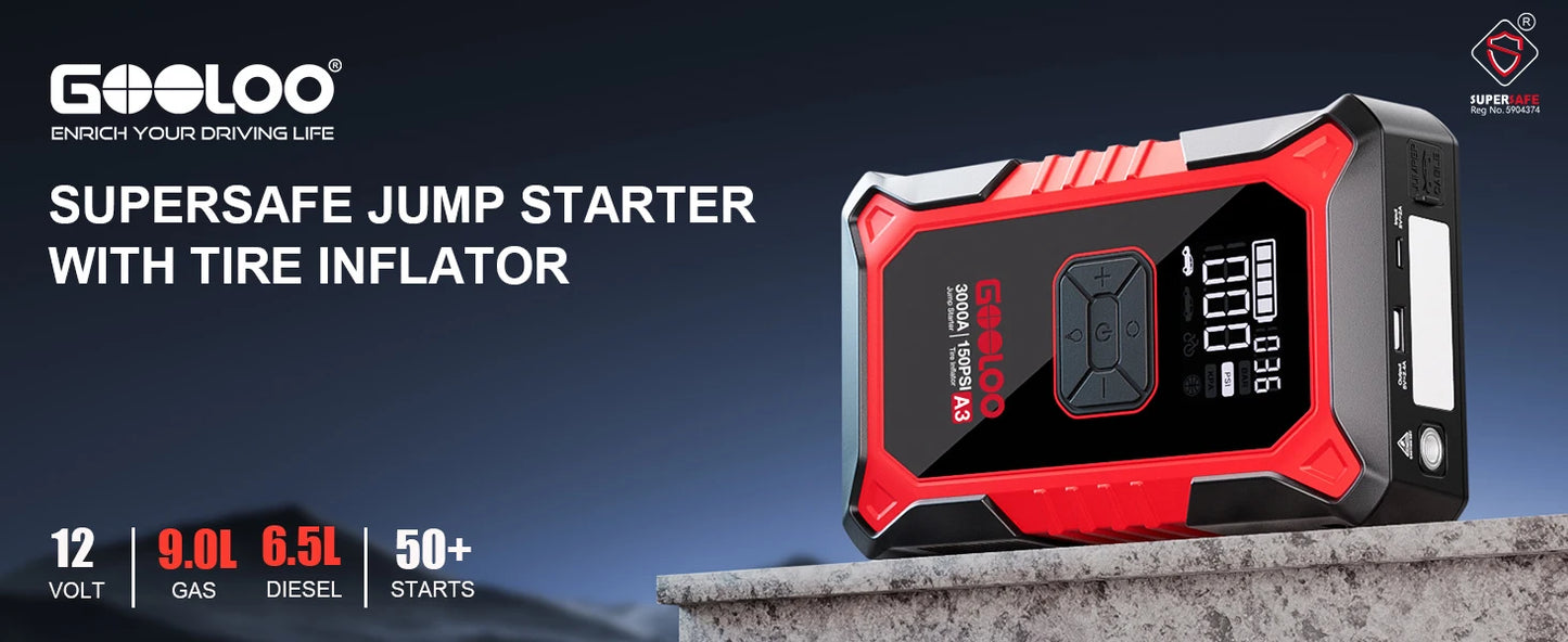 🚗⚡ GOOLOO A3 JUMP STARTER WITH AIR COMPRESSOR 🛞🔋 3000A POWER + 150PSI AUTO-INFLATE