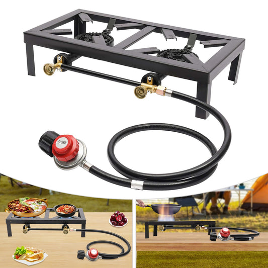 "Portable Double Burner Propane Stove with Adjustable Regulator for Outdoor Cooking"