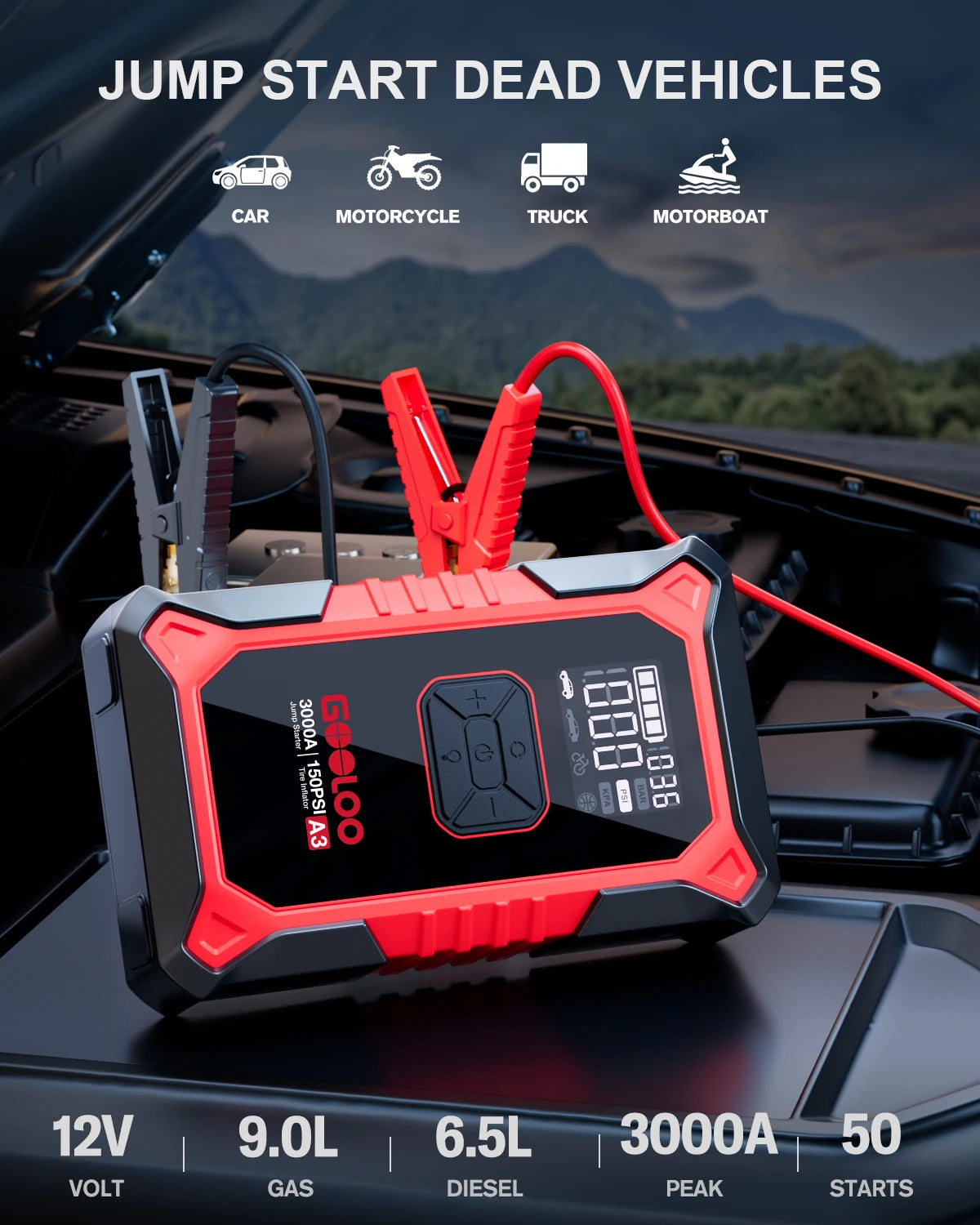 🚗⚡ GOOLOO A3 JUMP STARTER WITH AIR COMPRESSOR 🛞🔋 3000A POWER + 150PSI AUTO-INFLATE