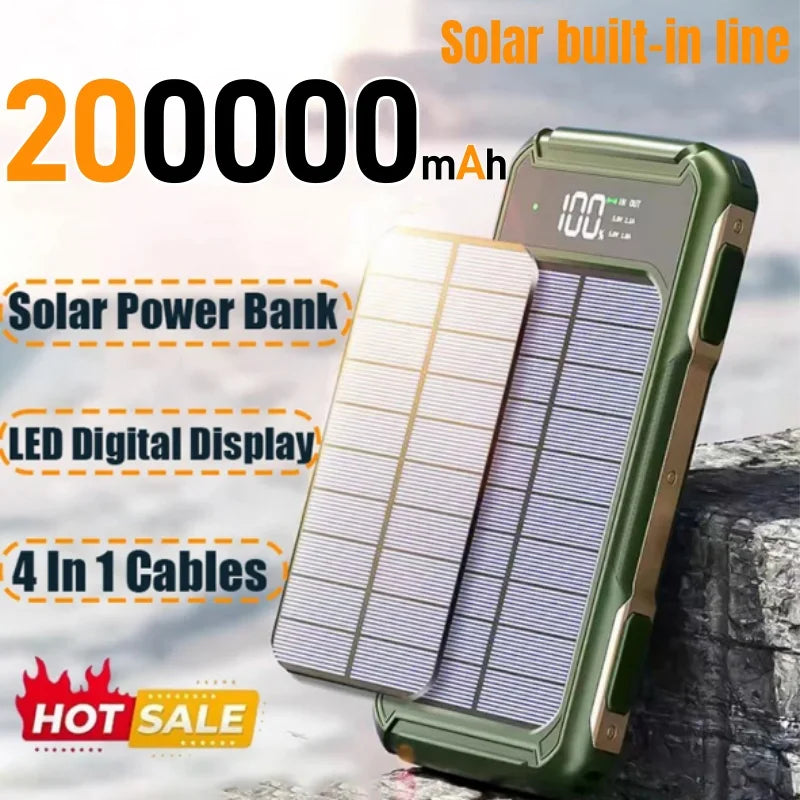 50000mAh Solar Power Bank – 4-in-1 Built-in Cables, Fast Charge, LED Light for iPhone, Samsung, Xiaom