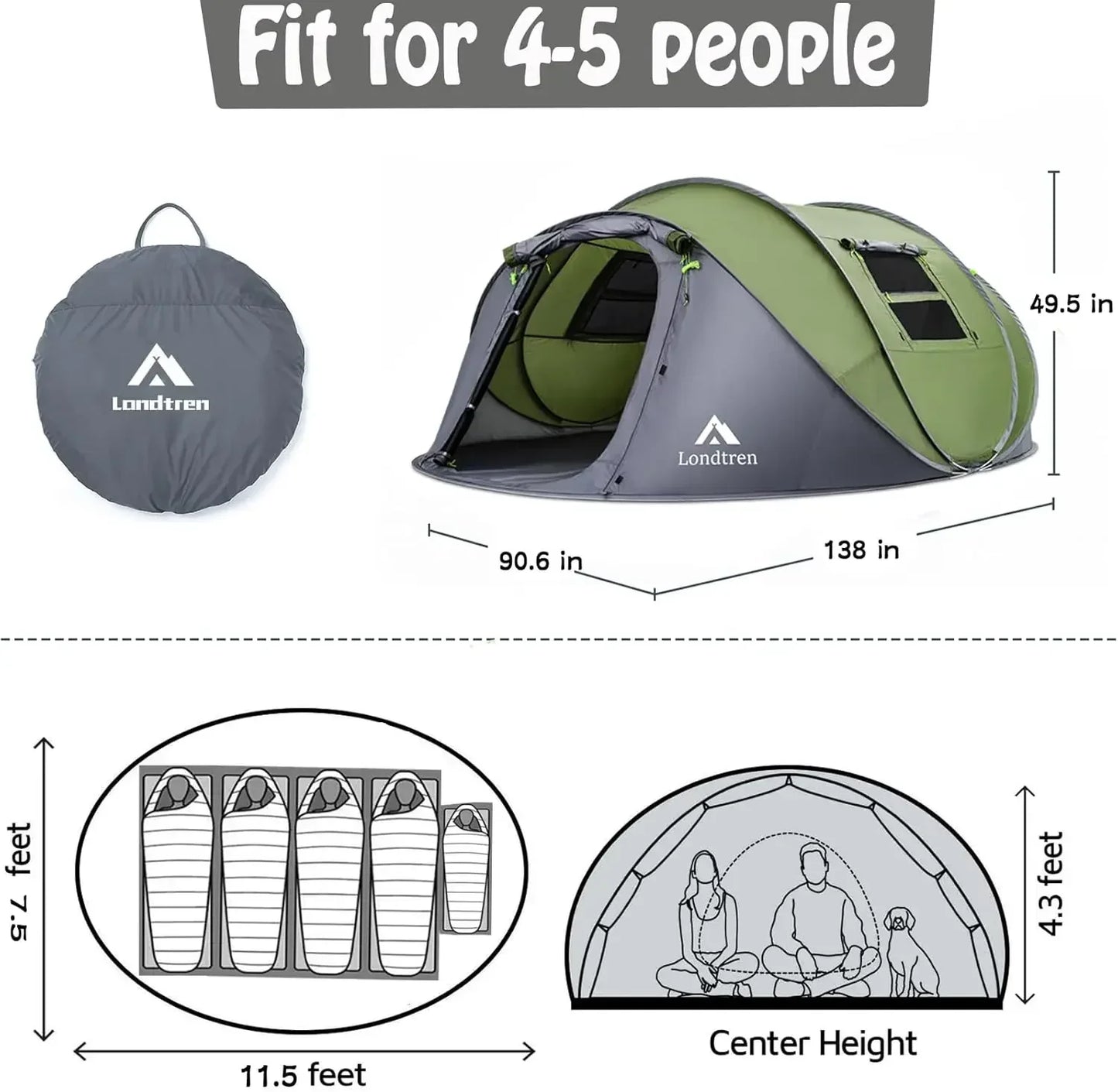 4 Person Easy Pop Up Tent Waterproof Automatic Setup 2 Doors-Instant Family Tents for Camping Hiking & Traveling