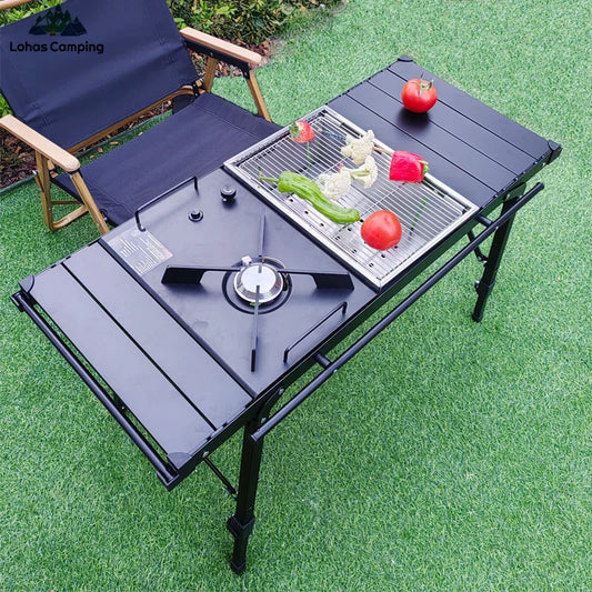 "LOHASCAMPING Multifunctional Lightweight IGT Folding Table with Adjustable Legs & Integrated Brazier for BBQ and Outdoor Adventures"