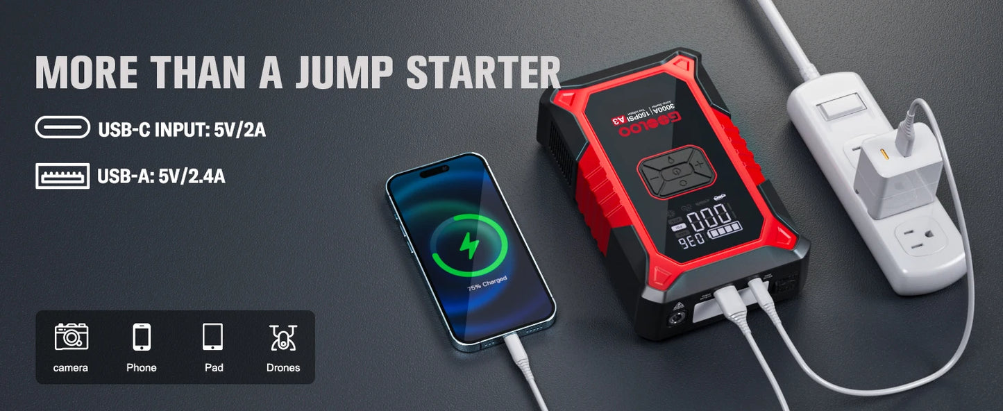 🚗⚡ GOOLOO A3 JUMP STARTER WITH AIR COMPRESSOR 🛞🔋 3000A POWER + 150PSI AUTO-INFLATE