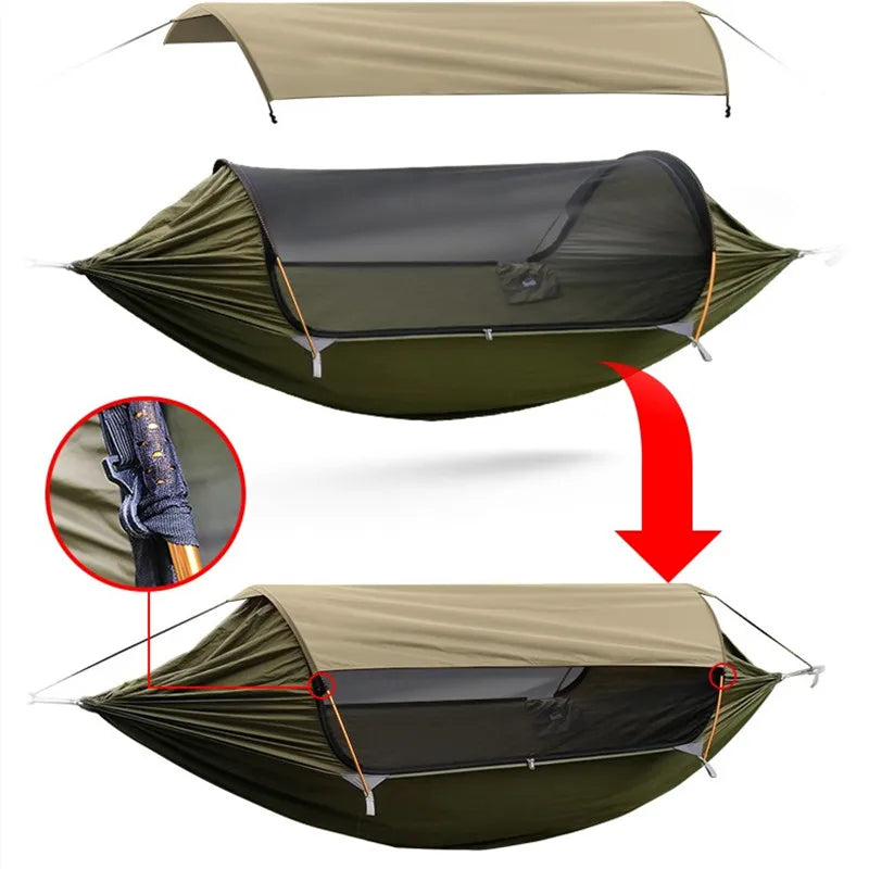 🏕️ MODEL 2.0 TRAVELER HAMMOCK 🦟☀️ Double Hammock w/ Mosquito Net & Sunshade – Outdoor Ready, Anti-Roll Stability!
