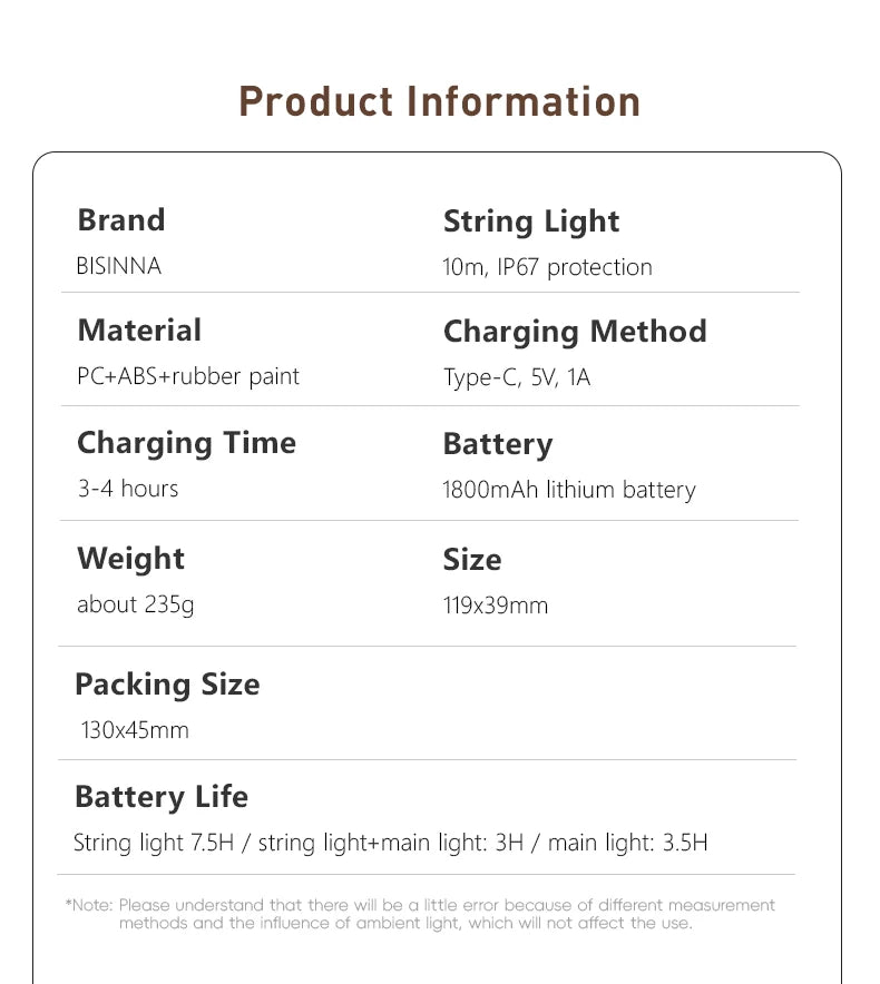 BISINNA Camping String Light USB Charging Lantern 1800mAh