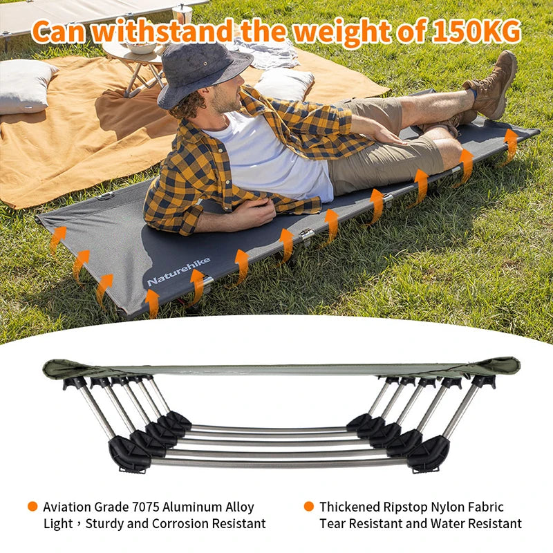 "Naturehike Green Field Ultralight Camping Cot – Portable Folding Bed with 330 lbs Weight Capacity for Outdoor Hiking and Travel"