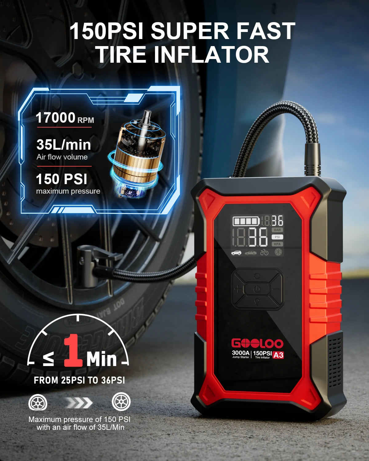 🚗⚡ GOOLOO A3 JUMP STARTER WITH AIR COMPRESSOR 🛞🔋 3000A POWER + 150PSI AUTO-INFLATE
